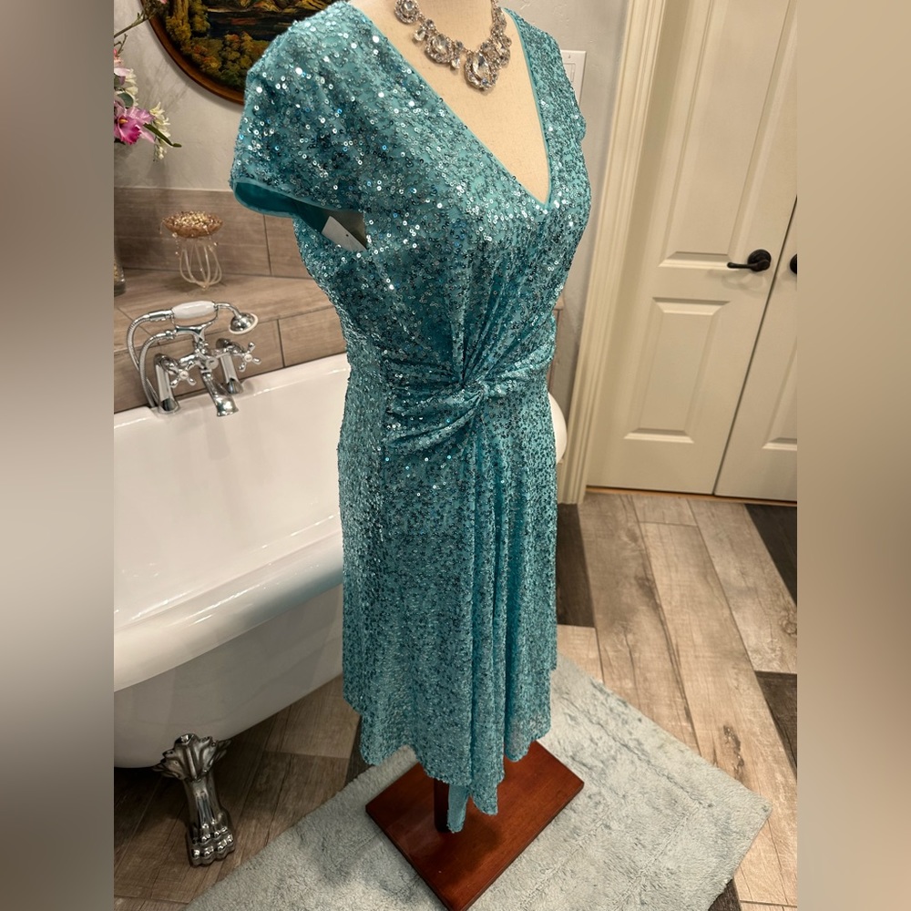 NWT Maggy London Aqua Teal Sequin Asymmetrical Spring Fling Dress 4 - Picture 6 of 12
